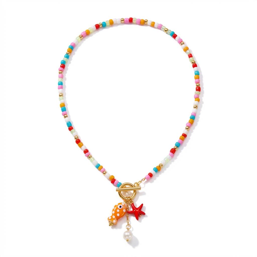Bohemian Starfish Pendant Necklace For Women Handmade Rice Beads Ceramic Fish with OT Buckle Choker Summer Beach Party Jewelry
