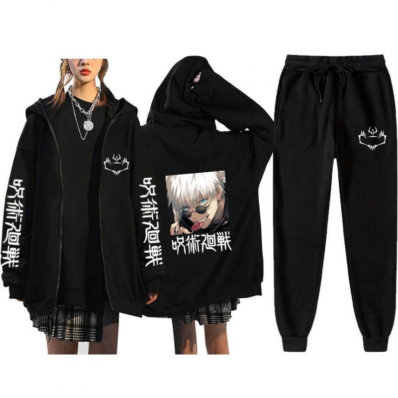 Unisex Winter Casual Sport Set With Anime Print Hooded Zip-Up Sweatshirt Jogger Pants Cotton Blend