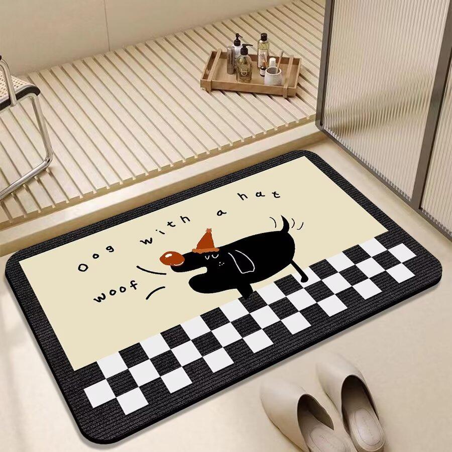 Simple Bathroom Anti Slip Absorbent Carpet Cute Cat and Dog Stripes Checkered Door Mat Living Room Home Decoration Rug