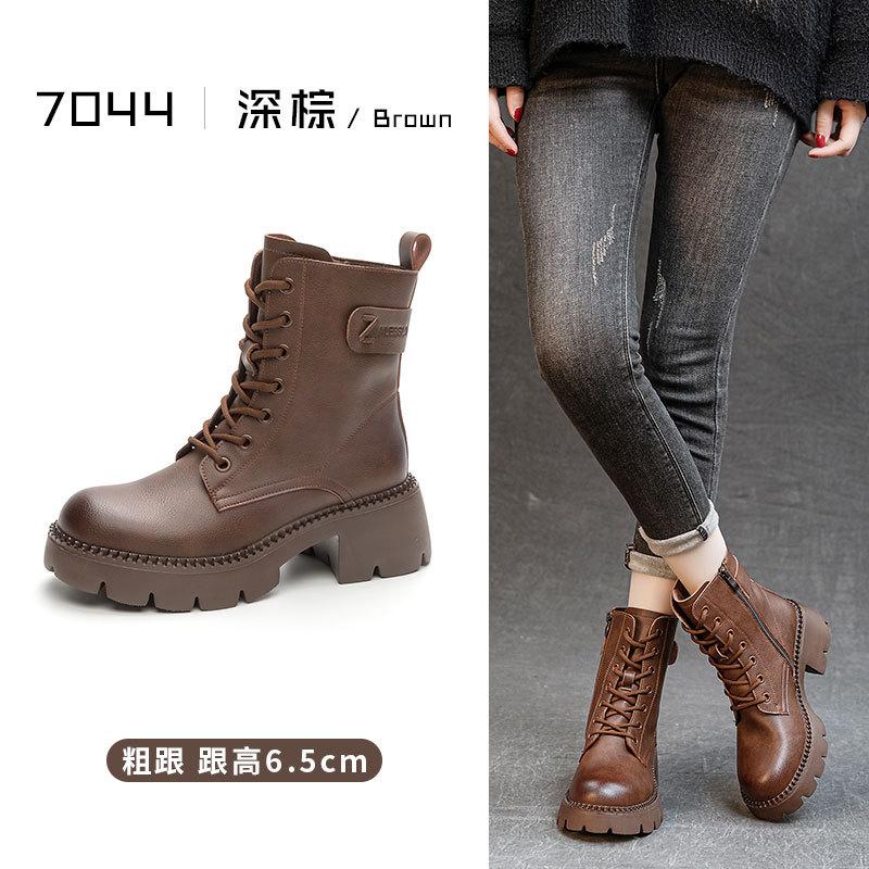 Autumn Leather Martin Boots Women's European and American Thick-soled Medium Boots Round Head Thick Heel Knight Boots Retro Versatile Velvet Boots