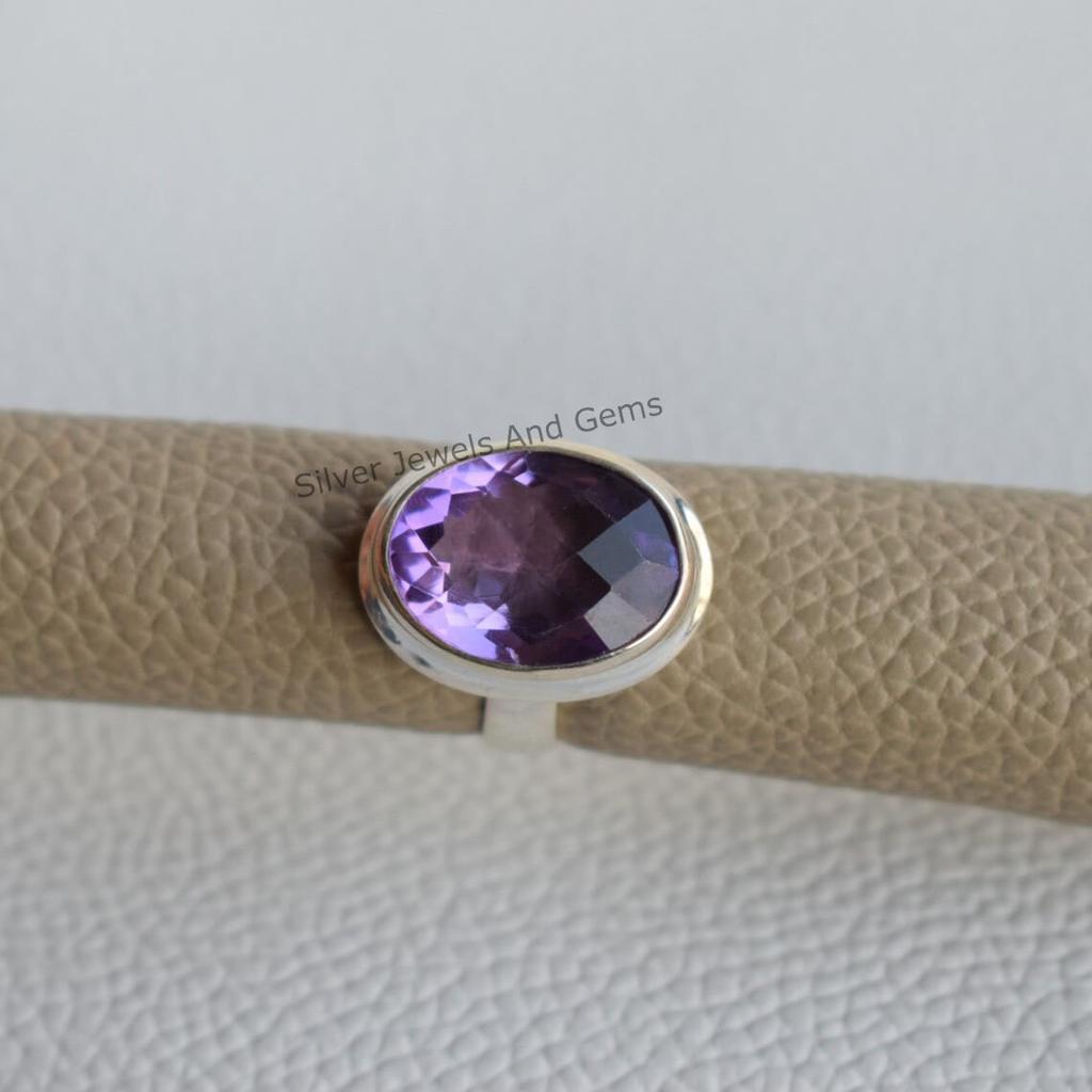 Natural Amethyst Ring, Handmade Ring, 925 Sterling Silver Ring, Oval Checker Amethyst Ring, February Birthstone Ring, Birthday Ring
