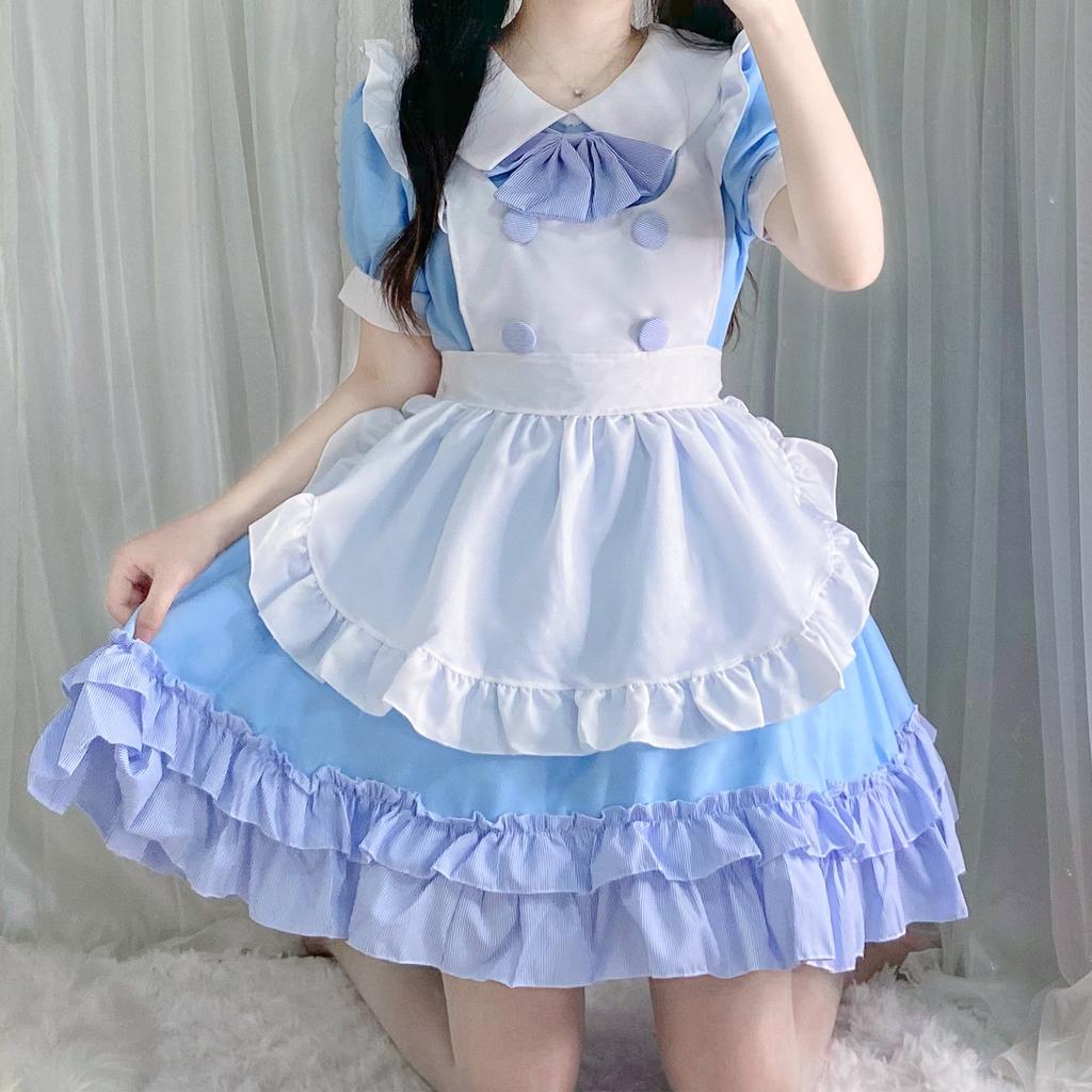 Dress Cosplay Anime Costume, Soft Girl, Cute, Blue and White Maid Outfit
