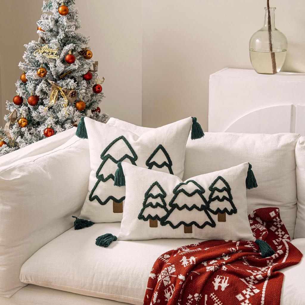 Cross-Border Christmas Tree Embroidered Canvas Pillowcases with Tassels for Sofa Decoration