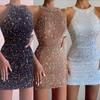 Robe de soirée européenne et américaine nouvelle mode col sexy franges cristal hanches paillettes taille moyenne