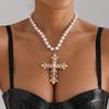 Jewelry Delicate Inlaid Pearl Cross Pendant Necklace Women, Wind Collarbone Chain