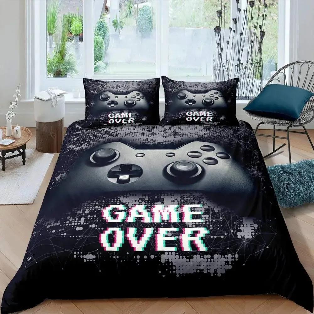 Gamer Duvet Cover Set Rotating Music Comforter Cover Gamepad Gaming Bedding Set for Boys Headphone Bedspreads Cover Queen Size
