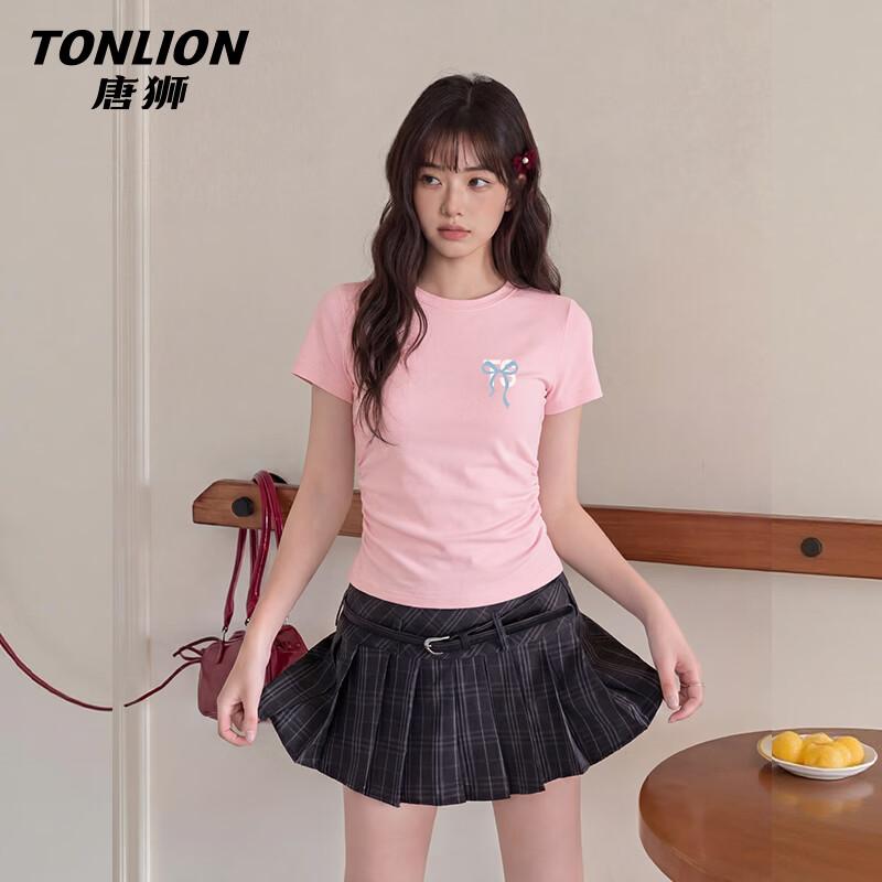 TonLion Women s Ruched Ribbed Slim Fit T-Shirt L