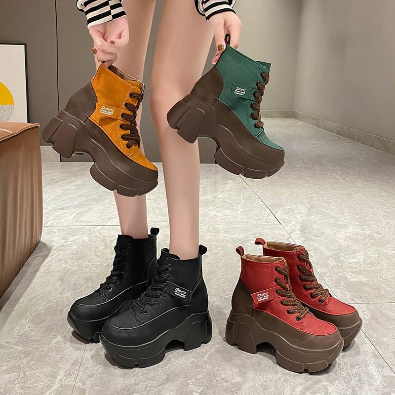 Retro Women's Sneakers High Quality Leather Platform Lace Up Round Head Mixed Colors High-top Increase Height Wedges Sport Shoes