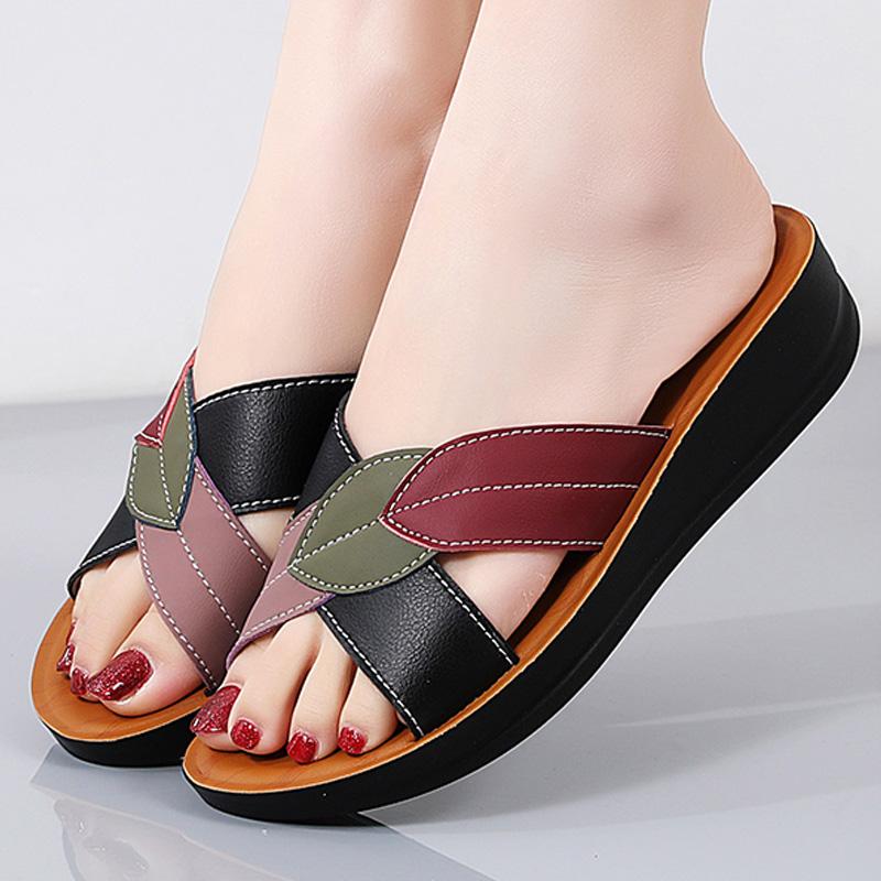 Summer Women Sandals Leather Slope Heel Home Slippers Comfortable Mom Shoes Casual Indoor Outdoor