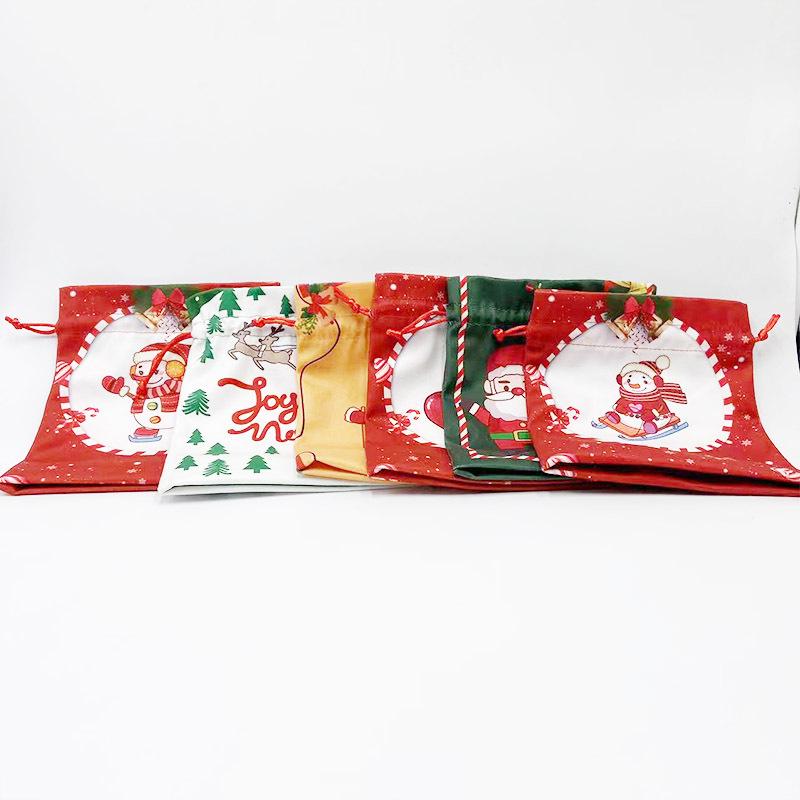 Christmas Eve Drawstring Gift Bag with Cartoon Snowman, Bear, and Santa Patterns
