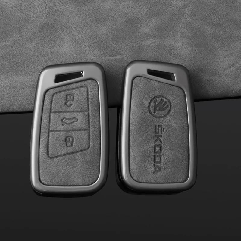 Car Sticker 2025 New Zinc Alloy Leather Car Remote Key Case Cover Protection Shell Auto Styling Accessory For Skoda Superb A7 Ka