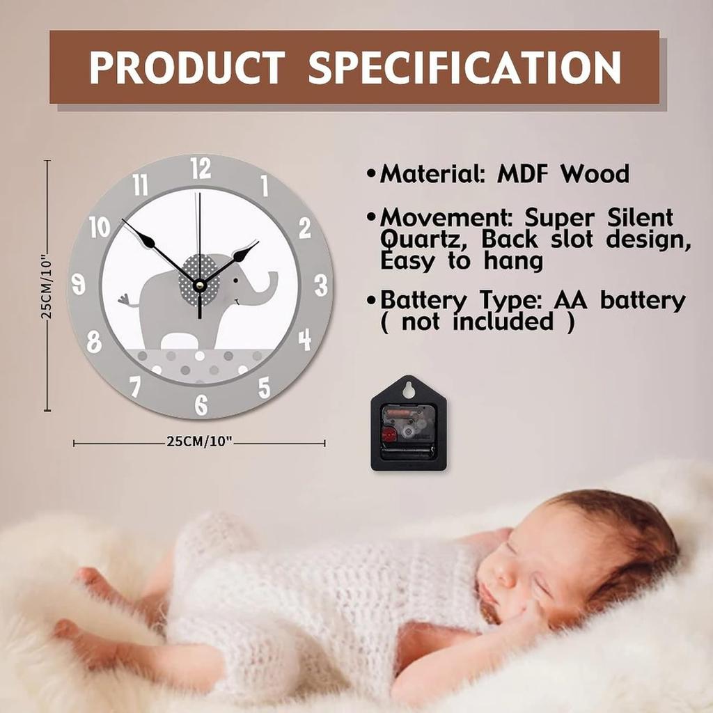 ArogGeld Gray and White Elephant Wall Clock Nursery Wood Clock 10 Inch Silent Non-Ticking Wooden Wall Clocks Battery Operated Living Room Bedroom