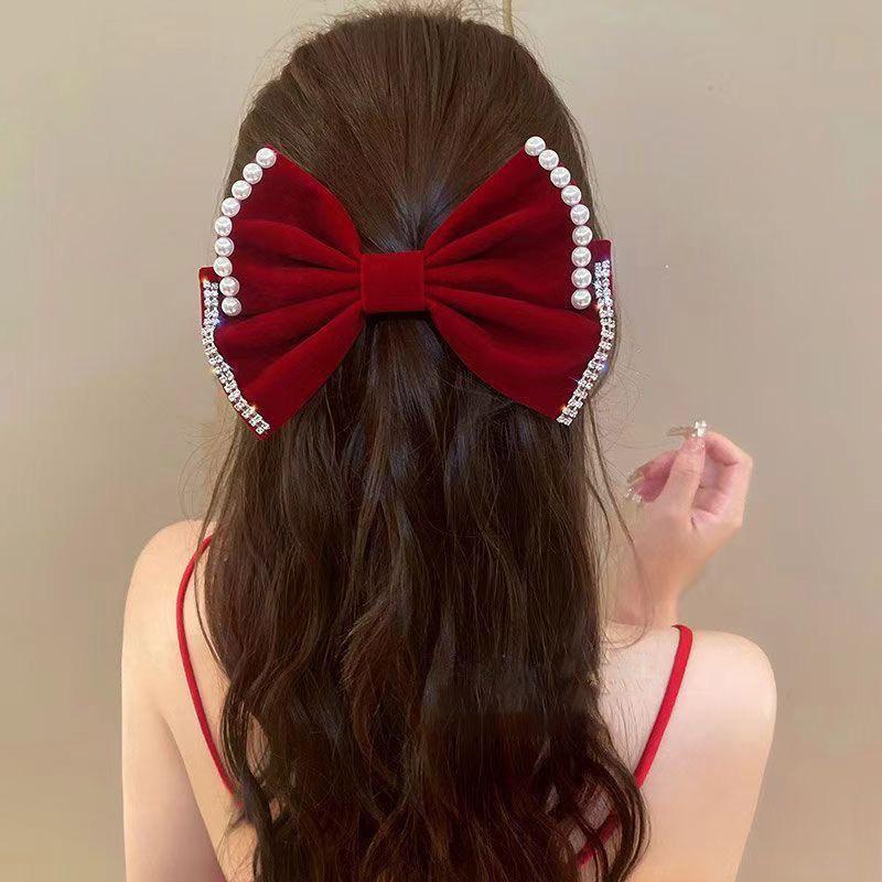 

French Velvet Pearl Bow Hairpin Romantic Temperament Bowknot Hair Clip Women Girls Vintage Bow Headwear Hair Accessories