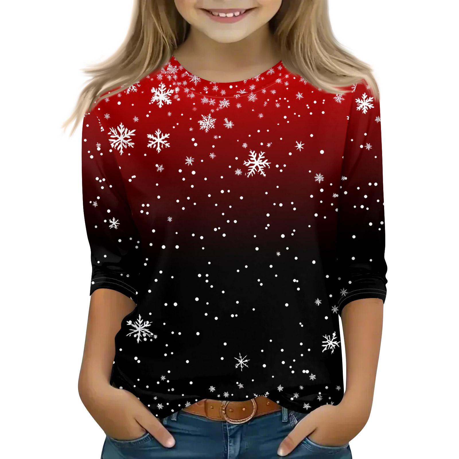 

Рождественские топы с принтом для девочек-подростков 5-16 лет, футболки с круглым вырезом и рукавами 3/4, модные топы, нарядные футболки 130