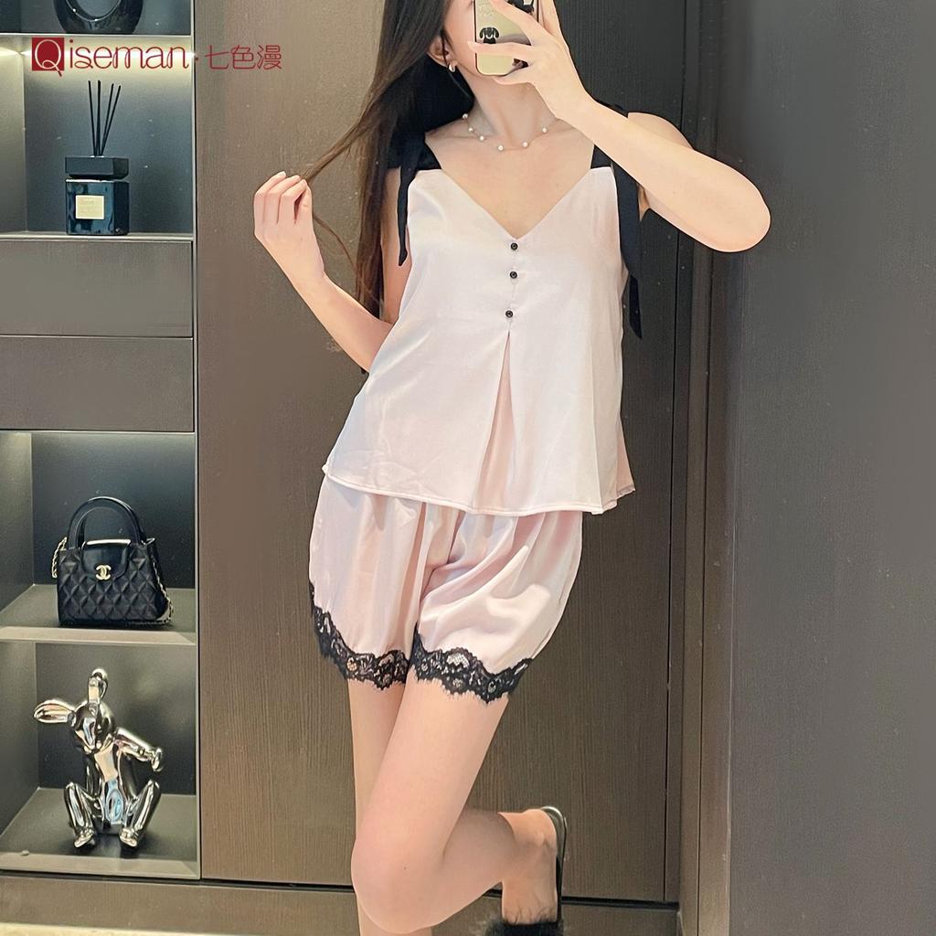 College style tether cute suspender pajamas summer satin ice silk women's loungewear new high-end pajamas set