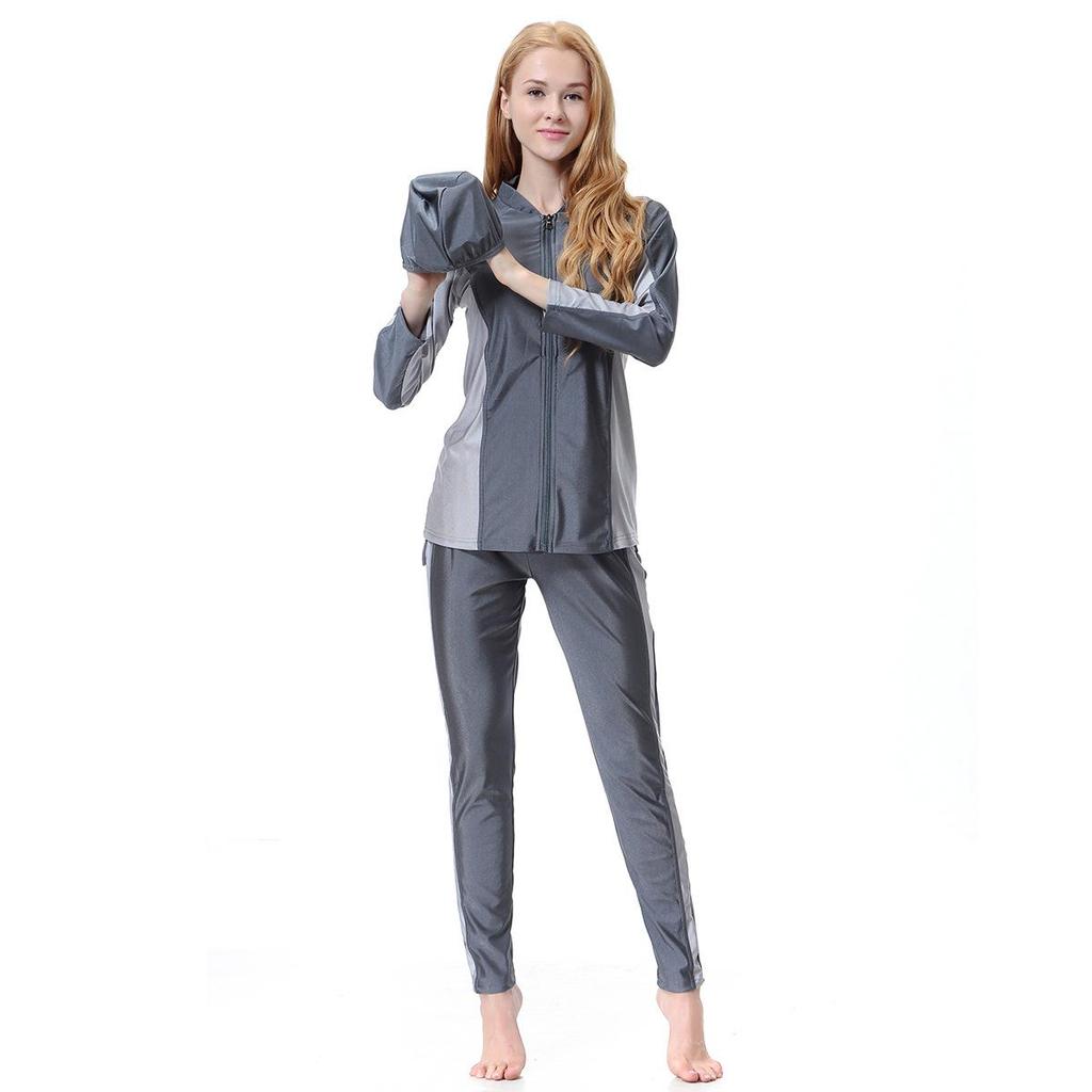 Konserwatywny damski zestaw kąpielowy chroniący przed słońcem: Długi rękaw, spodnie i zamek błyskawiczny, idealne na podróże nadmorskie i do gorących źródeł.