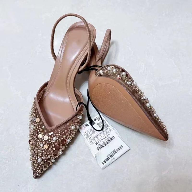 Bling Bling Pearls Sequined Air Mesh Women Pumps Sandals Elegant Thin High heels Female Slingbacks Party Modern Shoes
