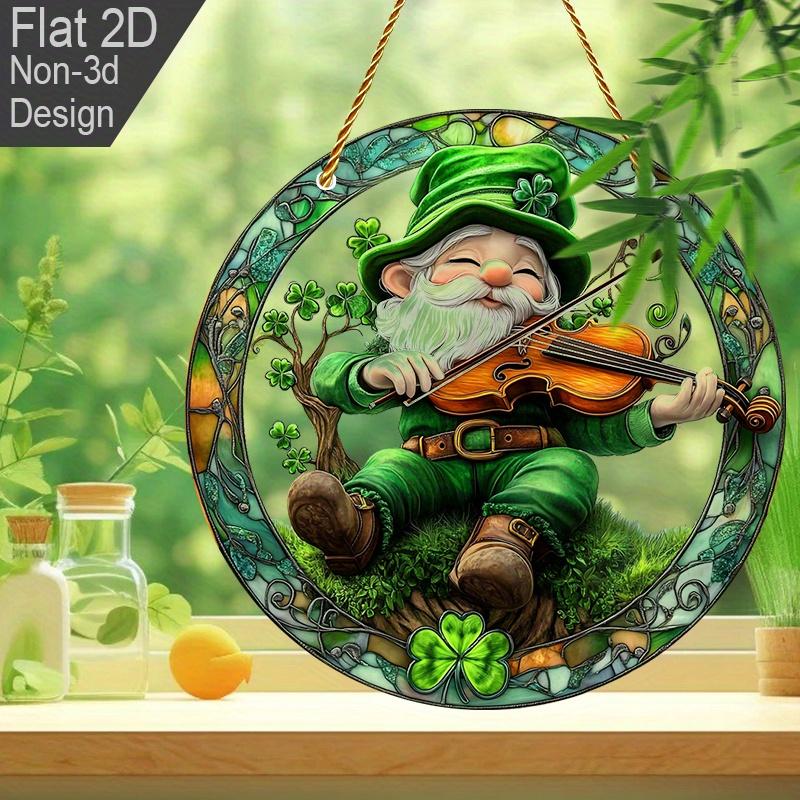 2D Flat St Patrick'S Day Gnome Fiddle Acrylic Decoration Sign, Shamrock Gnomes Design, Suitable for decoration, Wall, porch, Room, Villa, accents Home
