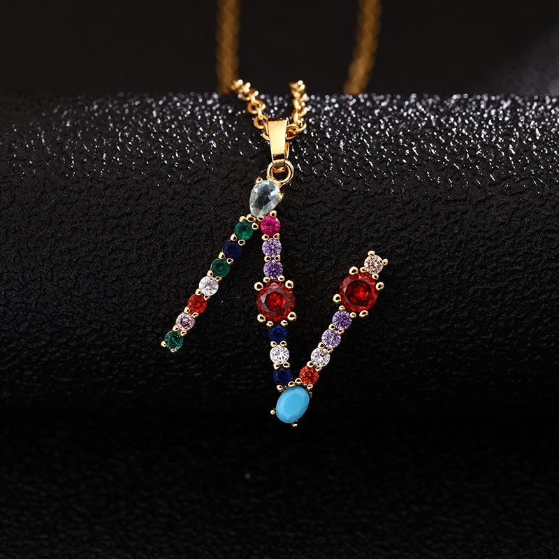 Colier de cupru pentru femei, cu 26 de litere, cu zircon colorat, agat și lanț din oțel inoxidabil