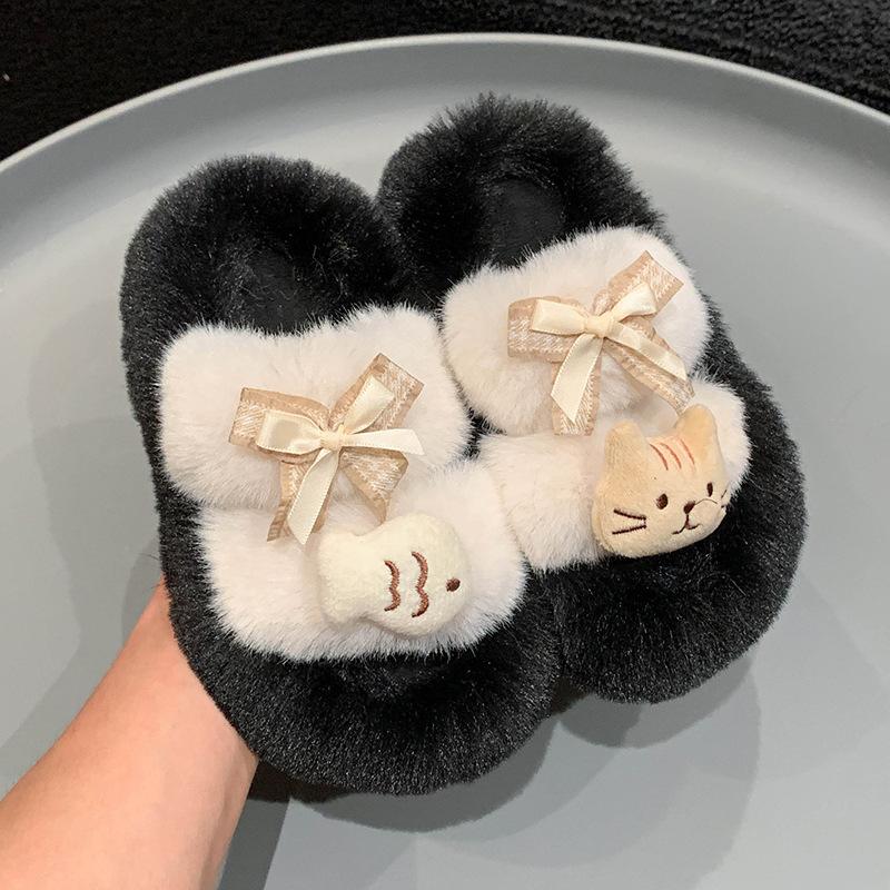 Soft cute kitten thick-bottomed fluffy slippers girl autumn fashion outer wear flanged children's cotton slippers woman