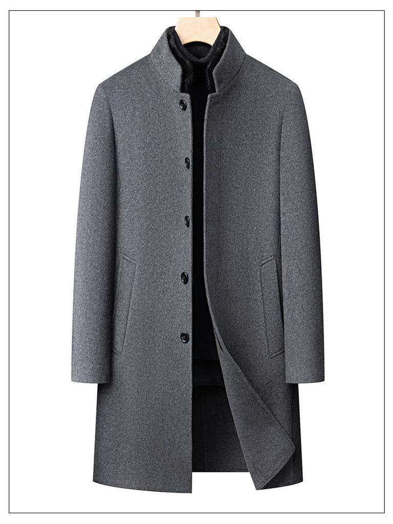 Men's Single-Breasted Stand-Collar Wool Gabardine Trench Coat - Business Casual Long Jacket