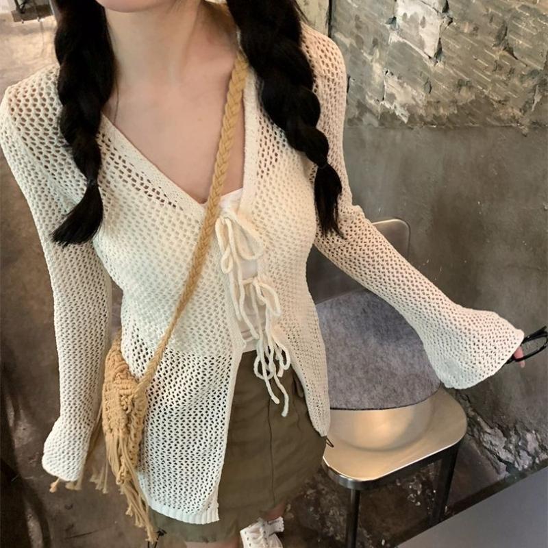 College Style Summer Hollow Out Strap Fresh Trumpet Sleeves Slim Fit Thin Transparent V-neck Knitted Air Conditioning Cardigan