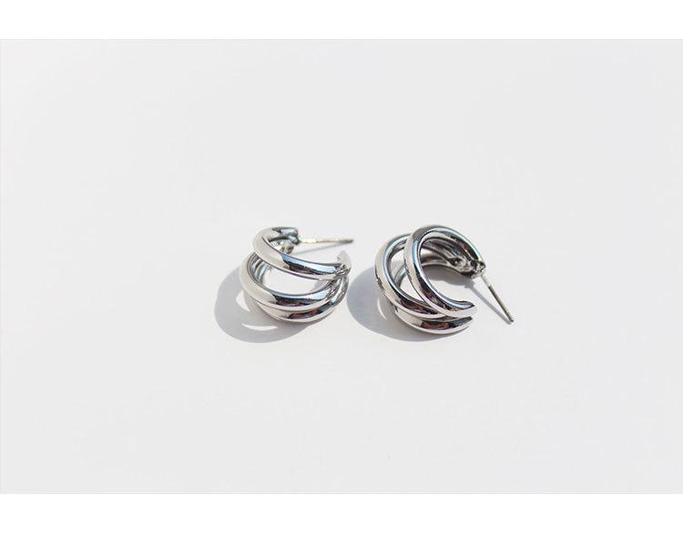 Real Gold-Plated Copper Crazy Sister Classic Three-Tube Earrings: Women's C-Shaped Hoop Silver Needle 300