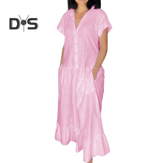 

Женское летнее платье с лацканами и короткими рукавами, однотонное однобортное повседневное длинное платье для выпускного вечера, платье для повседневной носки S розовый