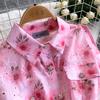 Gentle Pink Green and Yellow Embroidered Print Drop-Shoulder Shirt Dress for Women Summer Button-Down Belt Slim Midi Dress