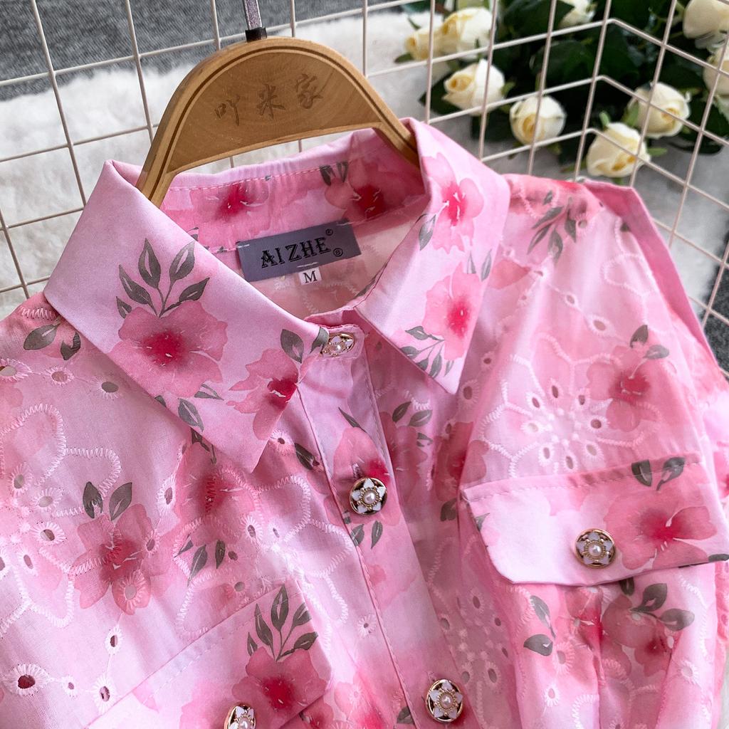 Gentle Pink Green and Yellow Embroidered Print Drop-Shoulder Shirt Dress for Women Summer Button-Down Belt Slim Midi Dress