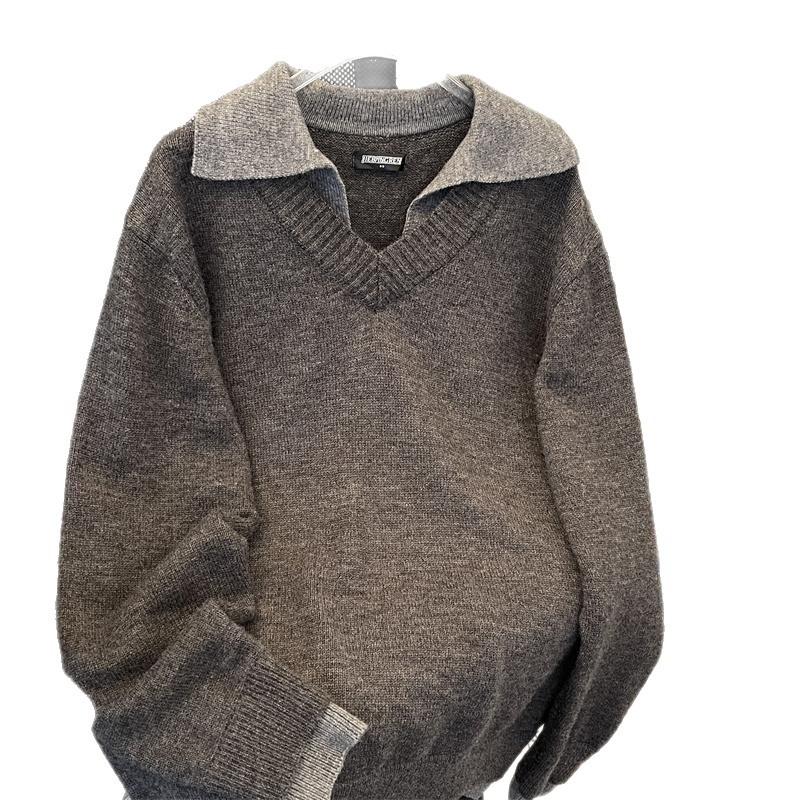 American Retro Fake Two-piece V-neck Sweater Men's Winter Lapel Old Money Wind Knitted Sweater Couple Lazy Wind Jacket