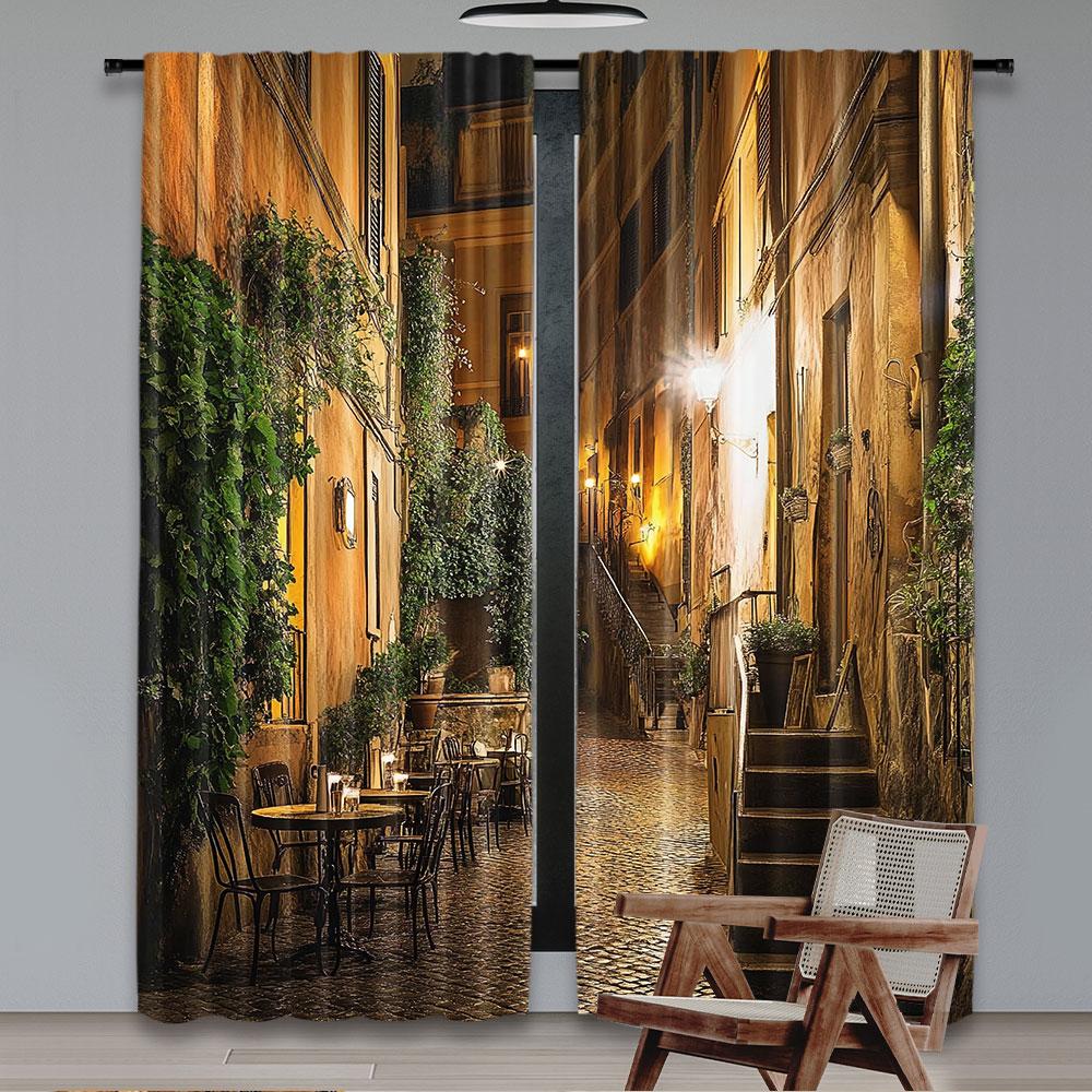 2Pcs Italian Curtain Old Courtyard Rome Italy Cafe Chairs City Historic Houses In Street For Bedroom Living Room And Dining Room
