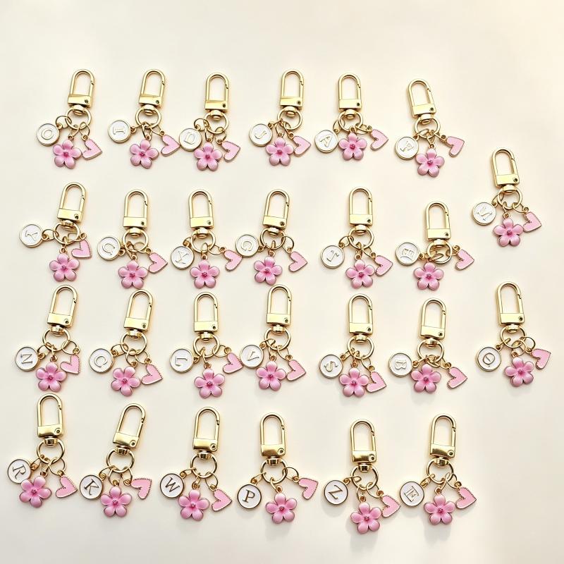 A-Z Letter Charm Enamel Keychain Pink Cherry Blossom Heart Design Key Ring for Graduation Souvenir Gift