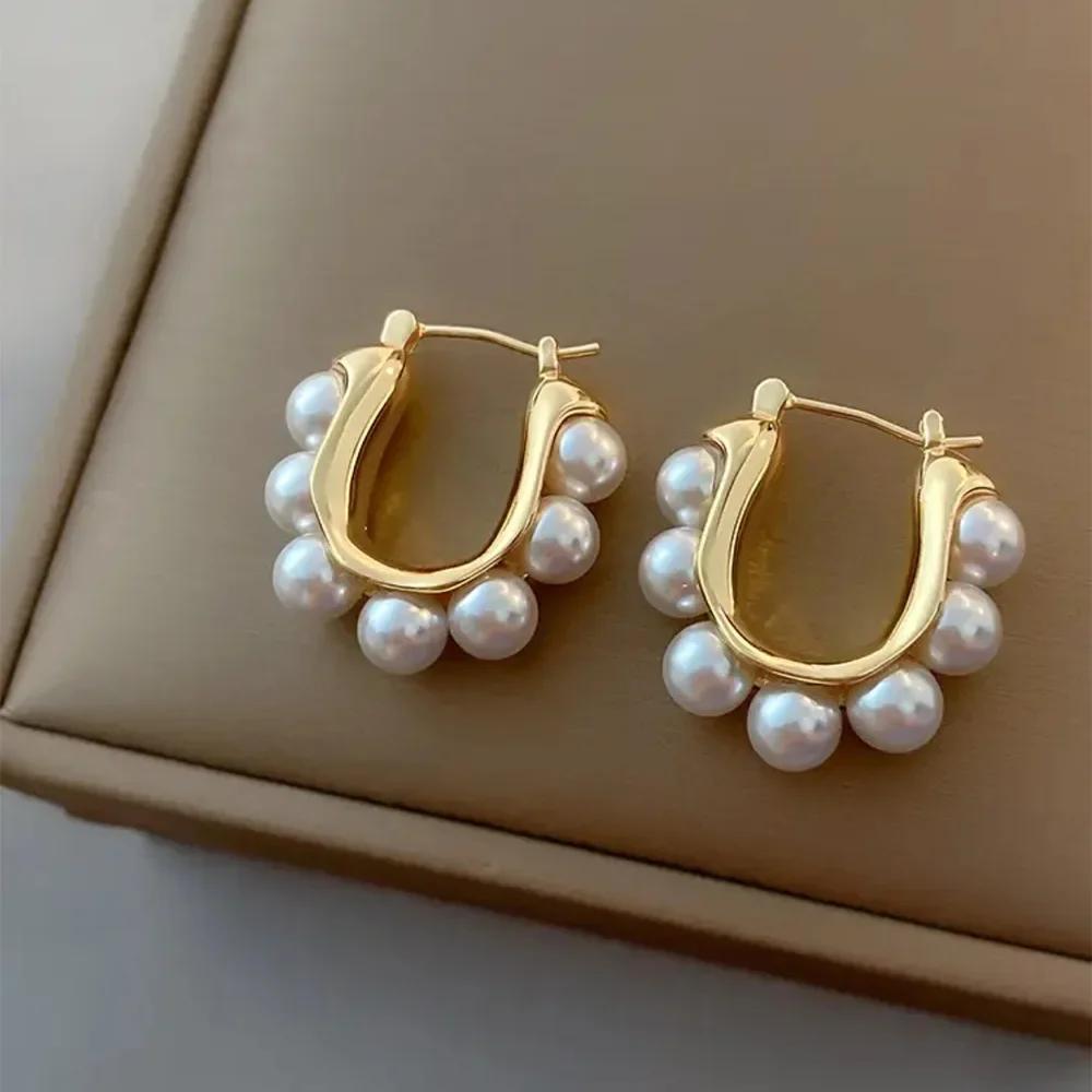U-shaped Hoop Earrings Gold Color Stylish Elegant Imitation Pearl Earrings Wedding Party Girls Luxury Accessories Women's Gifts