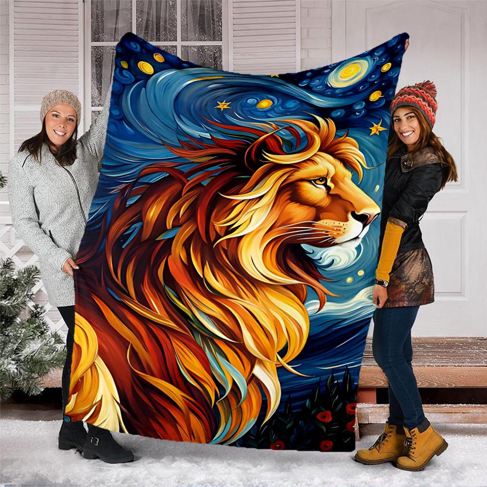 1pc Lion Night Sky Throw Blanket Polyester Fiber, Lightweight Flannel, Soft & Warm, All Season Use for Outdoor, Camping Digital Print