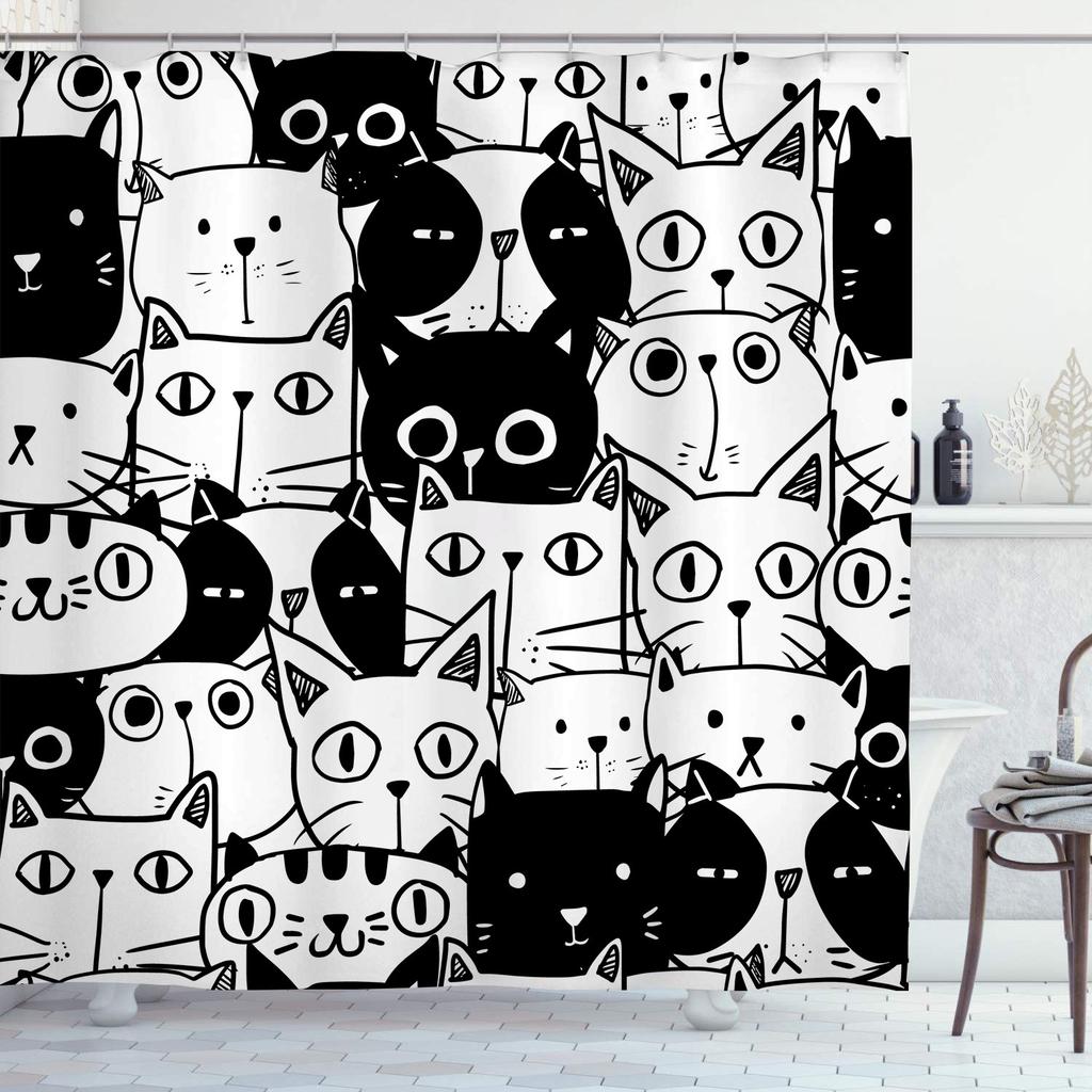 Schwarze Linie Katze Duschvorhänge Waschbarer Stoff Polyester Für Badewanne Kunst Badezimmerdekor Trennwand Mit Haken Aufhängen Wasserdicht