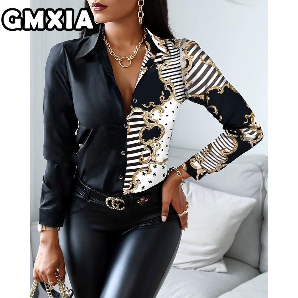 GMXIA Damenmode Lässig Freizeit Einfarbig Druck Langarm POLO Kragen Blusen & Hemden