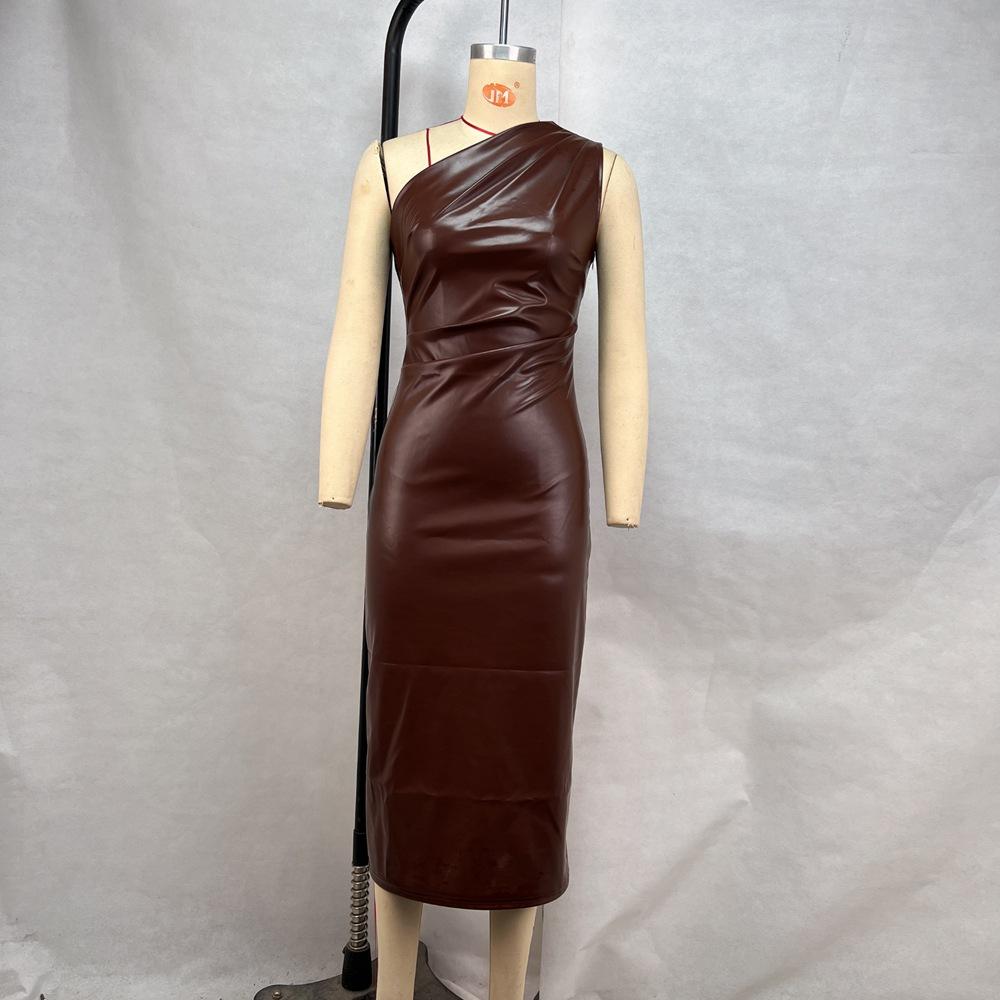 For Women Tight-fitting Chest-skimming Shoulders PU Leatherette Dress Sexy Nightclub Skirt