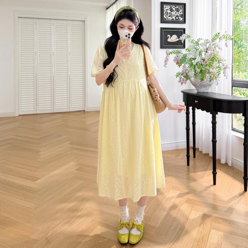 2026 New Style Maternity Summer Dress: Lace Embroidery, French Puff Sleeve Skirt for Pregnant Women XL