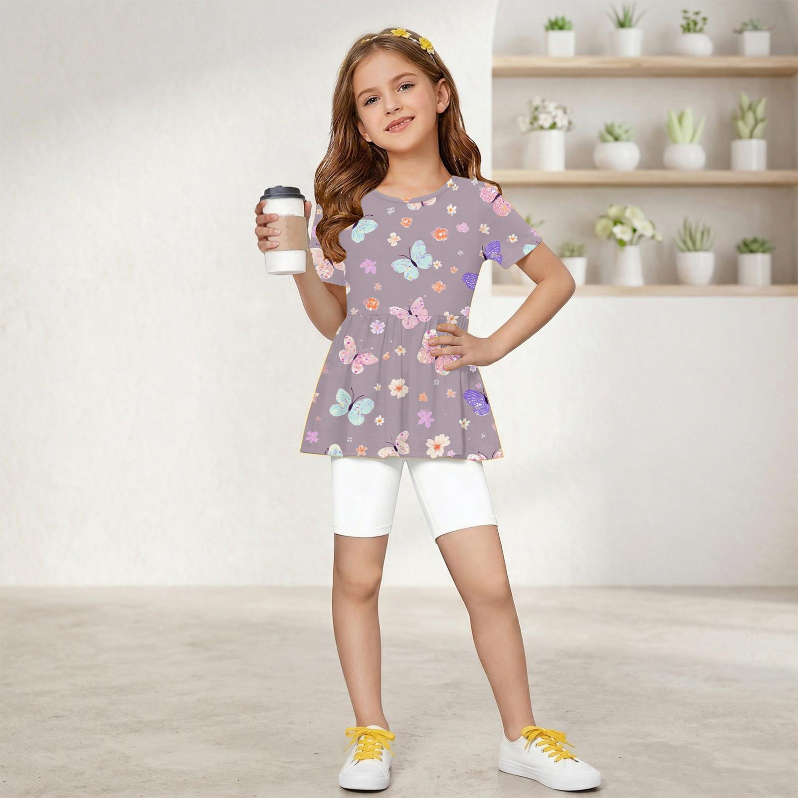 

Fashionable girls summer set short sleeved ruffled hem top+shorts 100 темно-фиолетового
