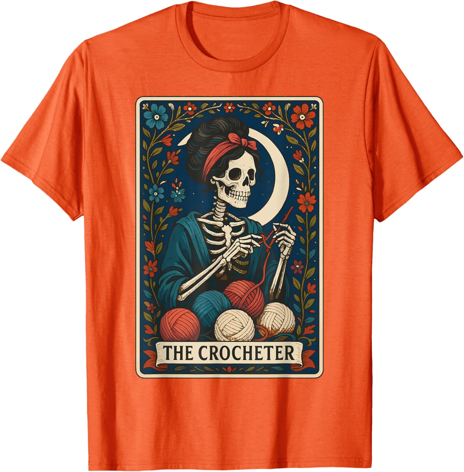 The Crocheter Tarot Card Skeleton Knitting Graphic Tee Casual Cotton T-Shirt for Men 4XL