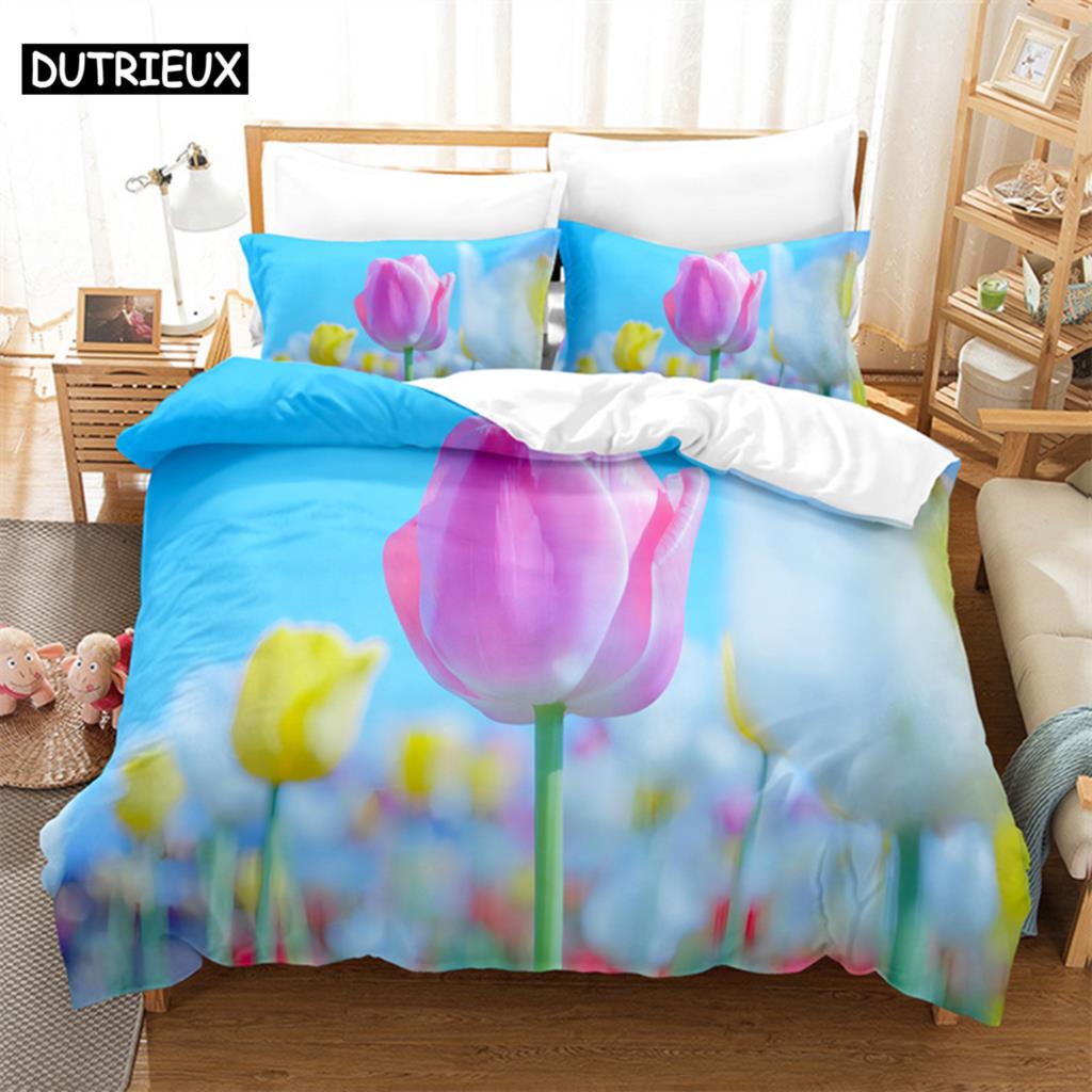 Sky Tulip Lovers Queen Bedding Set Duvet Cover Kids Bedroom Bed Set Comforter Cover Set King Size Duvet Cover Set Bedding Sets