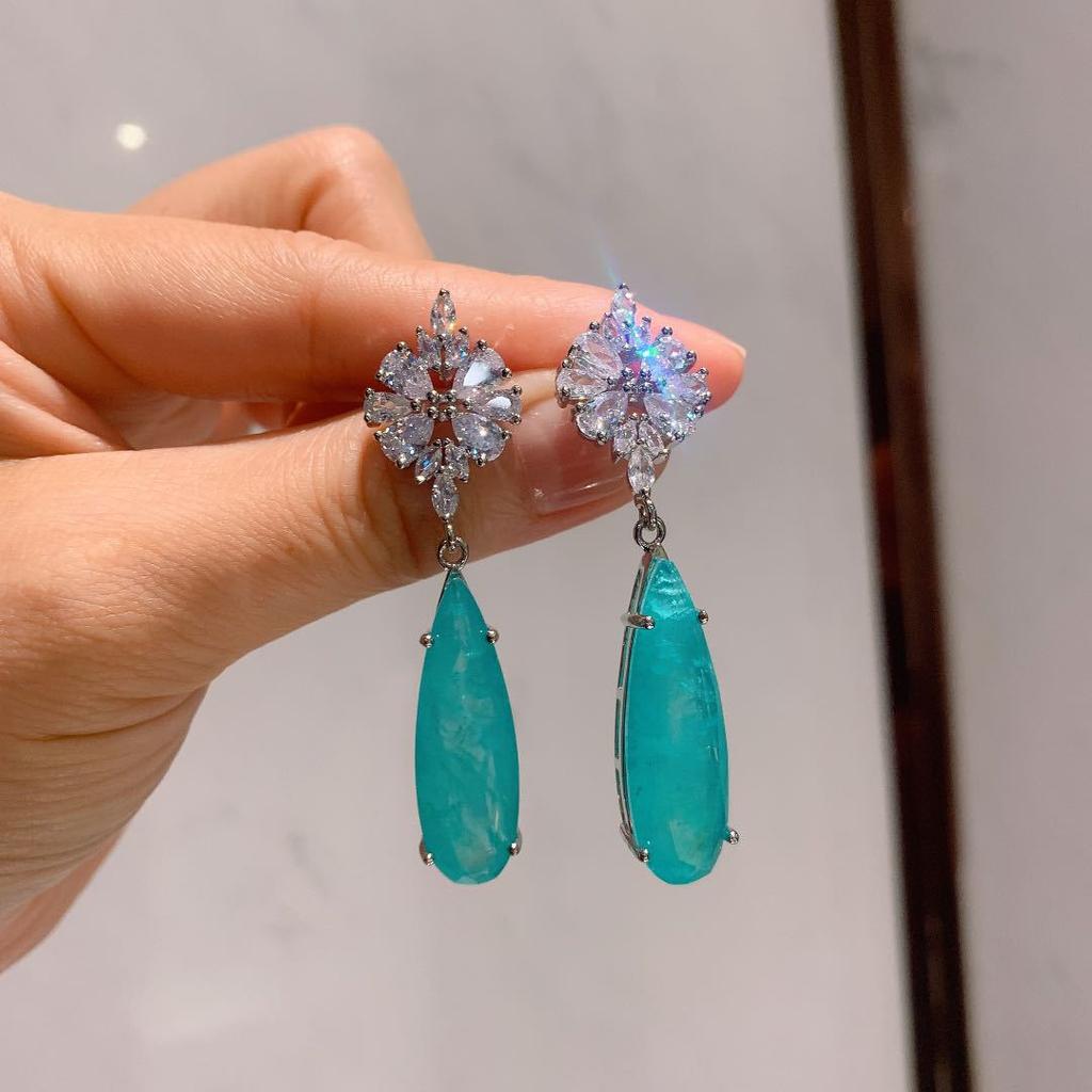 Jewelry Retro Imitation Paraiba Big Earrings Evening Water Drop Main Stone 10 * 30 Stud Earrings