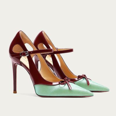 Sandalias de Tacón Alto Verano Temperamento Talla Grande con Diseño de Bloques de Color Satén Francés, Correa de Cabeza Envuelta, Punta Fina, Lazo