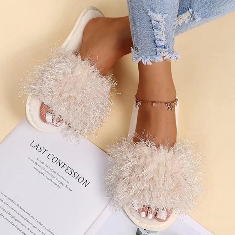 Fashion Indoor Faux Fur Cotton Slippers Women 2025 Winter Slip On Non Slip Plush Slippers for Woman Soft Flat Heel Slides Ladies