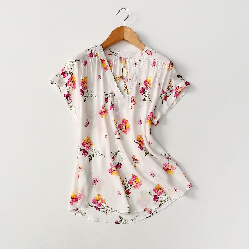 Export Export Tail Order Loose V Neck Print Short-Sleeved Cotton Silk Shirt Women's Short-Sleeved Artificial Cotton Tops Women's Summer