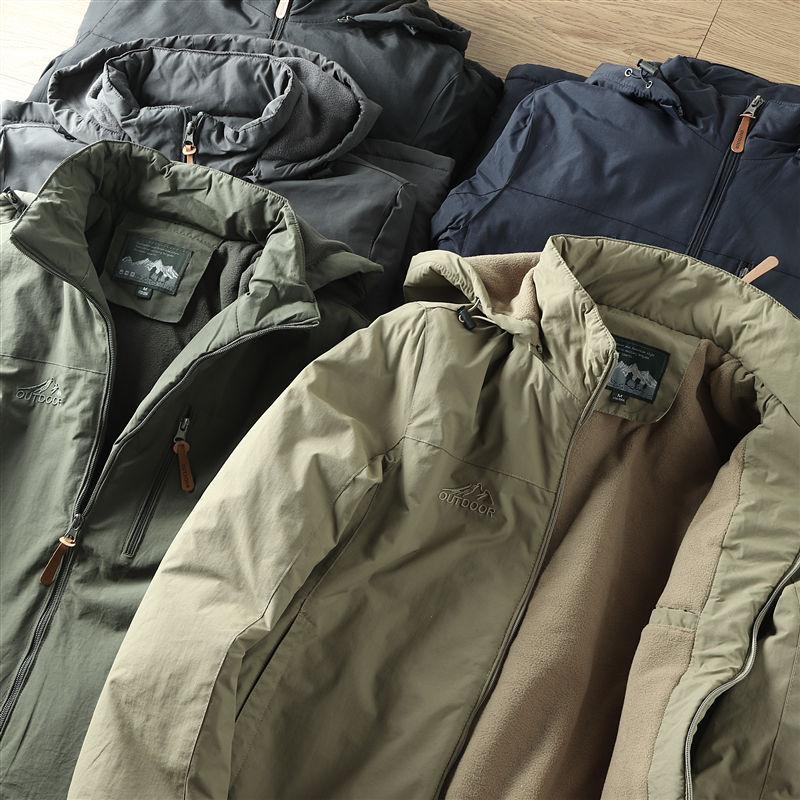 Autumn and Winter Fleece Lined Warm Hooded Jacket Men's Coat Waterproof Jacket Outdoor Hiking Hooded Windbreaker