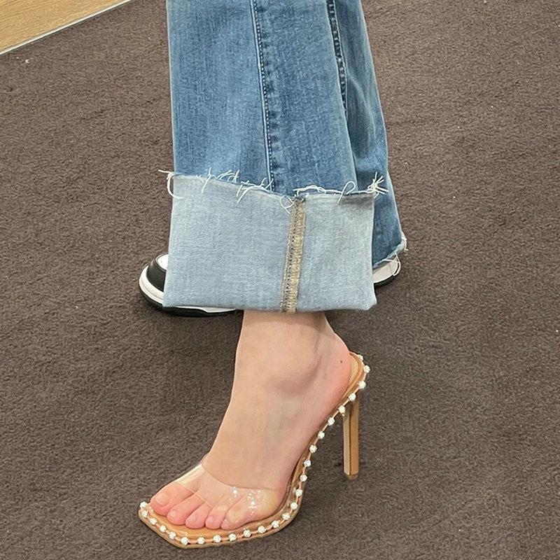 High Heels! Square Head Rhinestone Clear Line Sandals With Open Toe And Nude Slippers