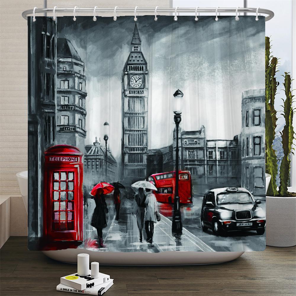 Retro Style 3d Print Shower Curtains Paris Tower Street View Telephone Booth Bath Curtain Waterproof Polyester Bathroom Curtain