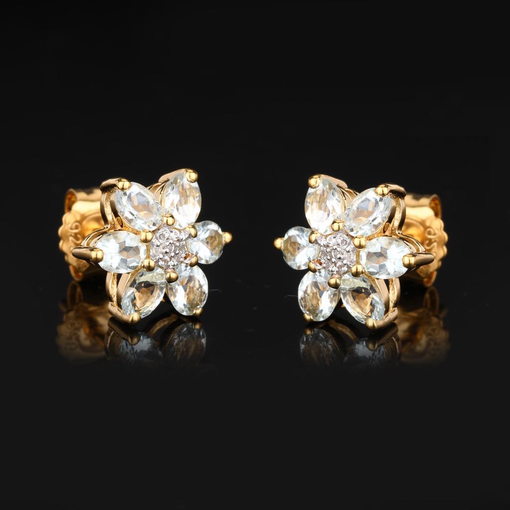 Aquamarine & White Topaz Earrings 925 Silver Gold Plated Stud Earrings